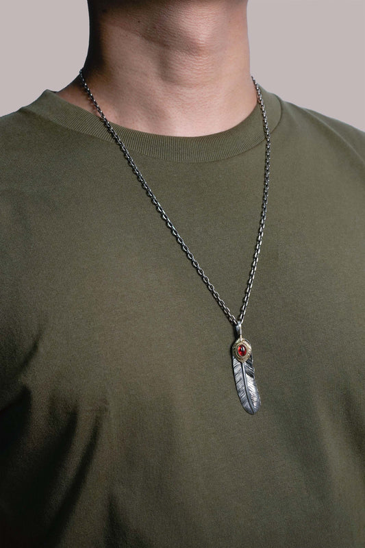 Left Feather Leaf Retro 925 Silver Goro Takahashi Pendant with Brass Red CZ