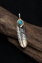 Load image into Gallery viewer, Left Feather Leaf Retro 925 Silver Goro Takahashi Pendant with Brass Turquoise