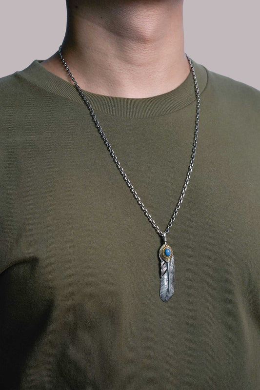Right Feather Leaf Retro 925 Silver Goro Takahashi Pendant with Turquoise
