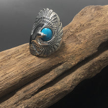 Load image into Gallery viewer, Vintage Sterling Silver Turquoise Ring Geometric Carved Eagle Wings Titanium Rings
