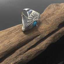 Load image into Gallery viewer, Vintage Sterling Silver Turquoise Ring Geometric Carved Eagle Wings Titanium Rings