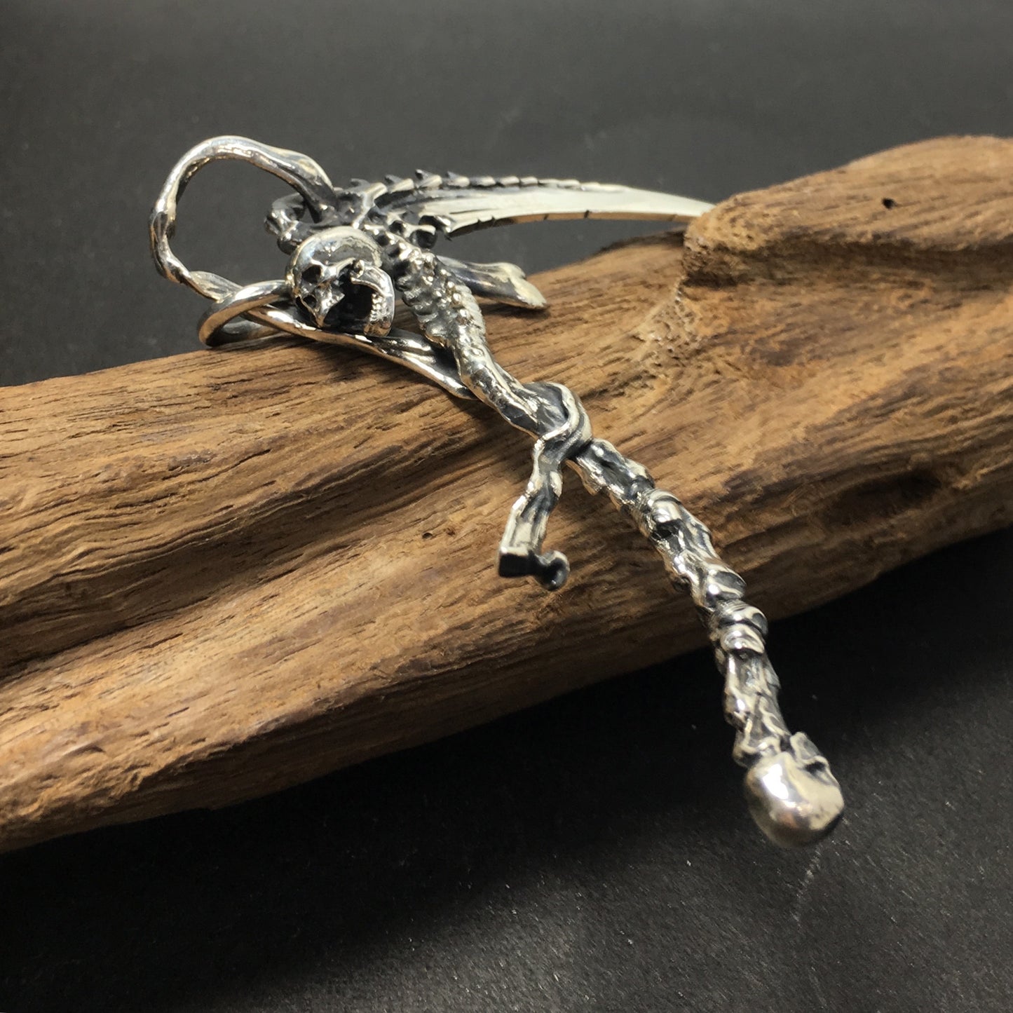 Huge Heavy 925 Sterling Silver Grim Reaper Skull Sickle Scythe Men's Pendant