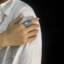 Load image into Gallery viewer, Vintage Sterling Silver Turquoise Ring Geometric Carved Eagle Wings Titanium Rings