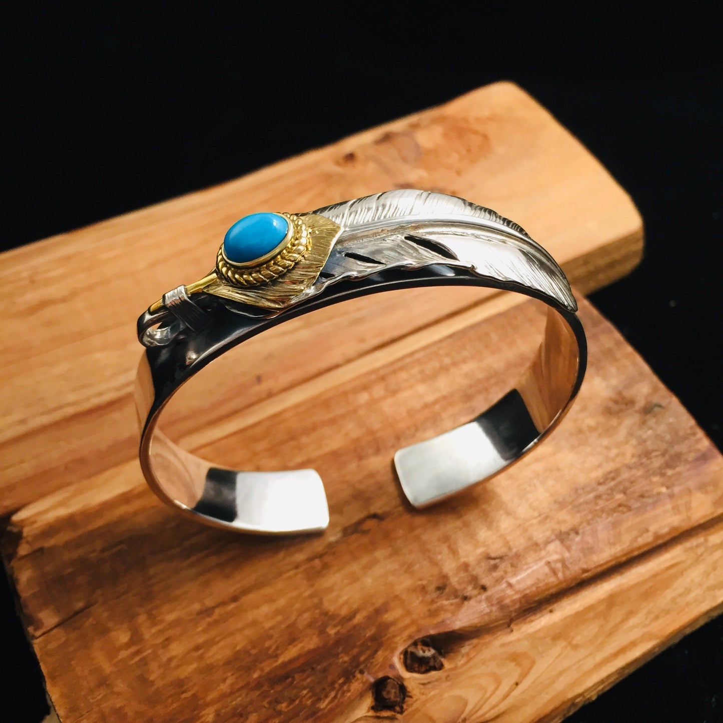 Japan Takahashi Goro Feather Turquoise Beads Silver Bangle Bracelet Diameter 48x65mm Width 12mm Hip Hop Style Sterling 925 Silver Bangle