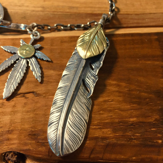 Japan Takahashi Goro Feather Bird Necklace Set Left Feather 66x14mm Leaf 23x33mm Retro Sterling 925 Silver Hip Hop style Fashion Necklace