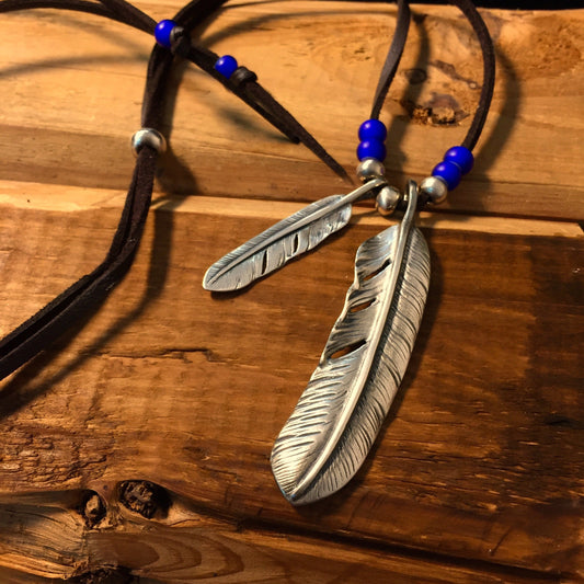 Japan Takahashi Goro Silver Feather Leather Necklace Big Right Feather 66x14mm Small Feather 7x40mm Retro Sterling 925 Silver Hip Hop style