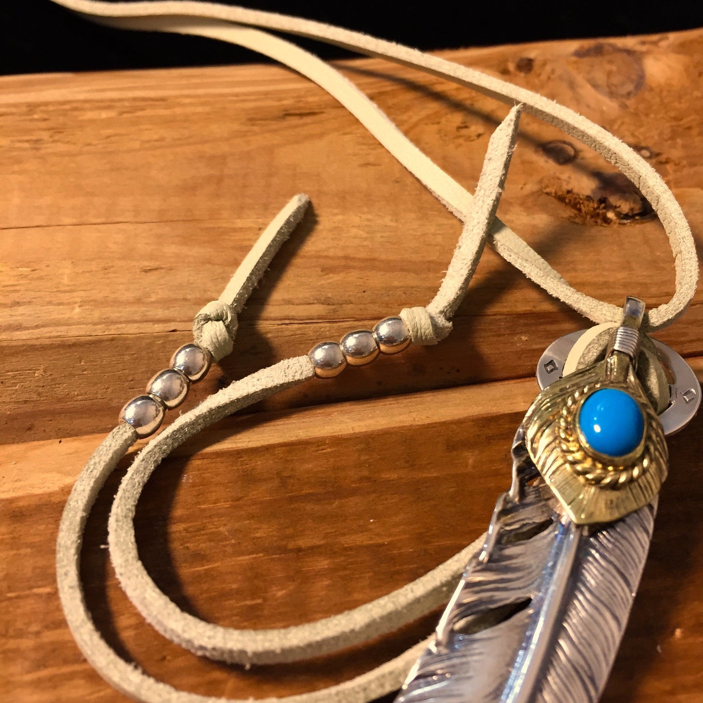 Japan Takahashi Goro Silver Feather Leather Necklace Right Feather 66x14mm Turquoise Beads 5x7mm Retro Sterling 925 Silver Hip Hop style