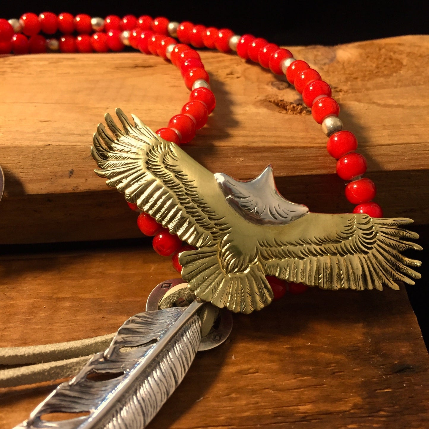 Japan Takahashi Goro Silver Feather Leather Necklace Right Feather 66x14mm Eagle 30x70mm Retro Sterling 925 Silver Hip Hop style Necklace