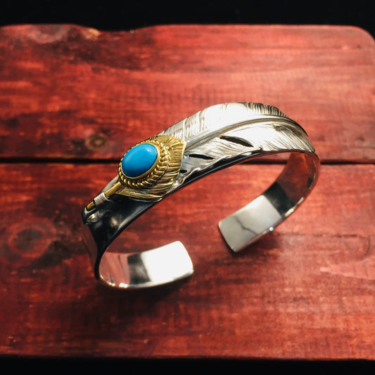 Japan Takahashi Goro Feather Turquoise Beads Silver Bangle Bracelet Diameter 48x65mm Width 12mm Hip Hop Style Sterling 925 Silver Bangle