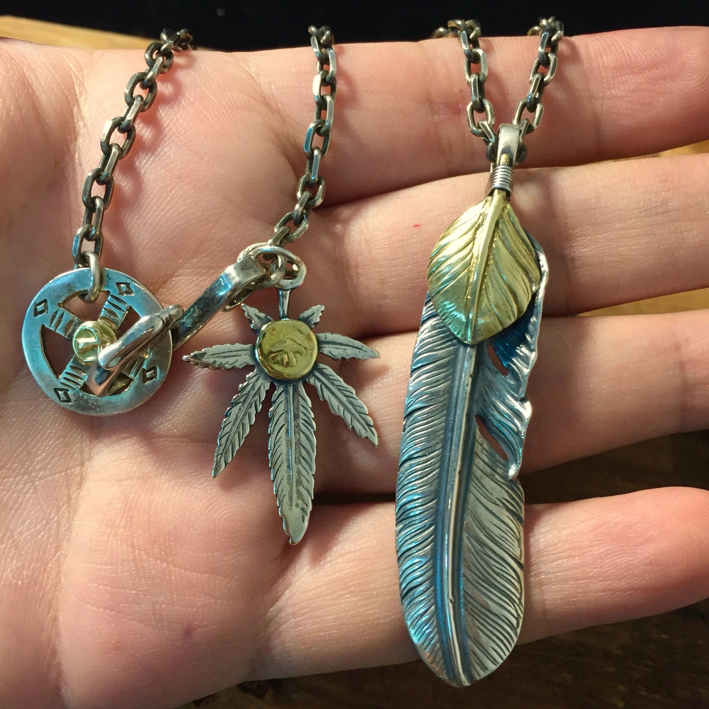 Japan Takahashi Goro Feather Bird Necklace Set Left Feather 66x14mm Leaf 23x33mm Retro Sterling 925 Silver Hip Hop style Fashion Necklace