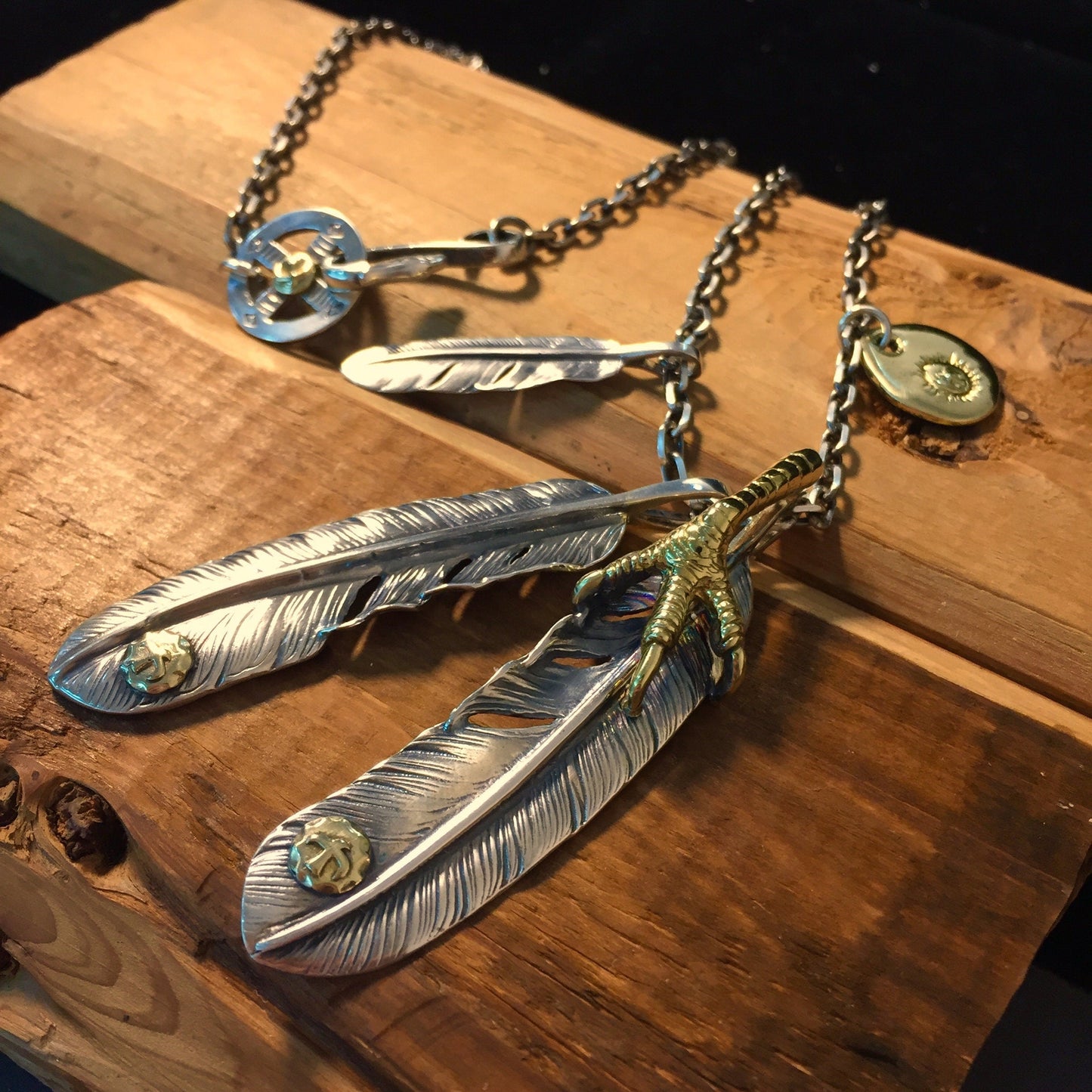 Japan Takahashi Goro Feather Bird Necklace Set Two Big Feather 66x14mm Small Feather 7x40mm Retro Sterling 925 Silver Hip Hop style Necklace