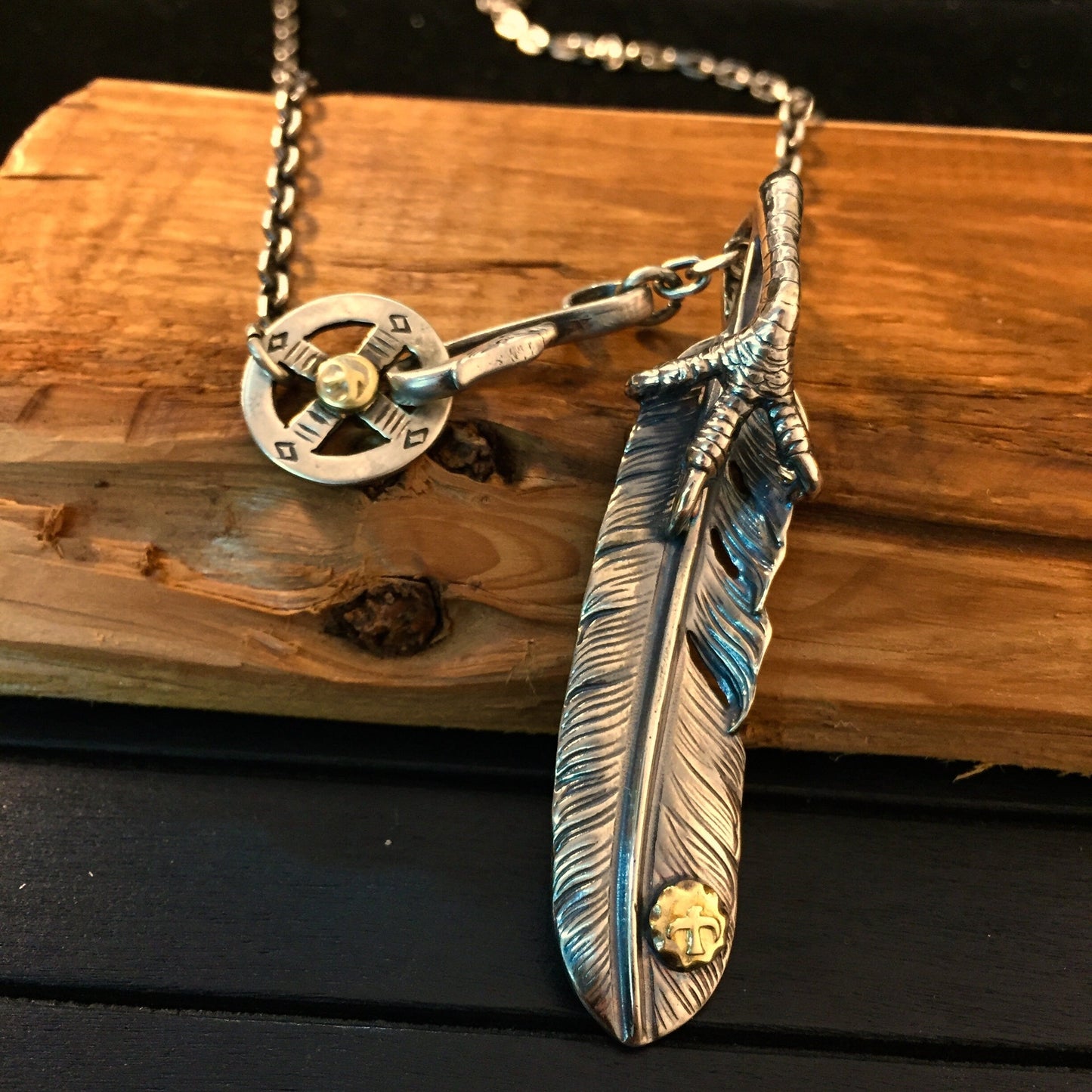 Japan Takahashi Goro Feather Bird Necklace Set Left Feather 66x14mm Necklace 65cm Retro Sterling 925 Silver Hip Hop style Fashion Necklace