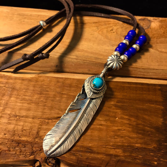 Japan Takahashi Goro Feather Necklace Set Right Feather 66x14mm Turquoise 5x7mm Leather Necklace44cm Retro Sterling 925 Silver Hip Hop style