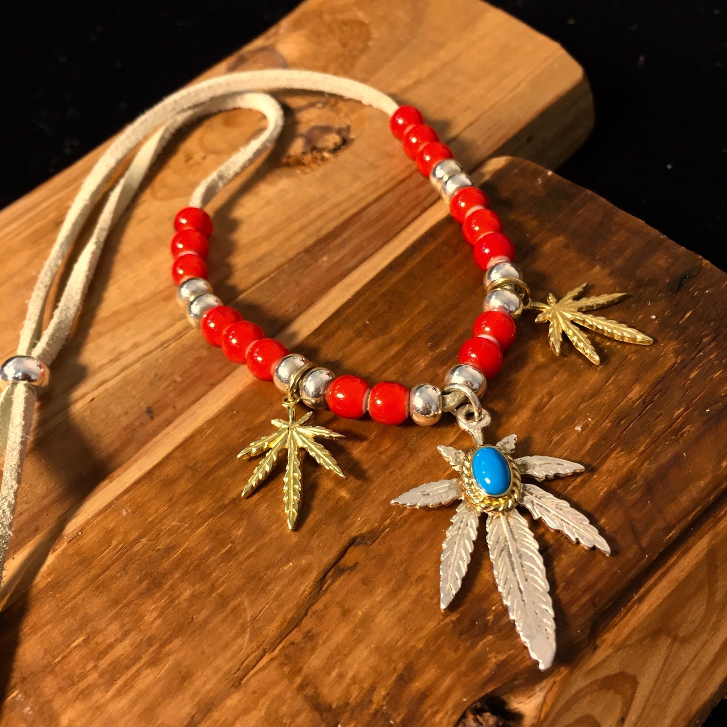 Japan Takahashi Goro Silver Leaf Leather Necklace Leaf 23x33mm Turquoise Beads 3x5mm Retro Sterling 925 Silver Hip Hop style Necklace