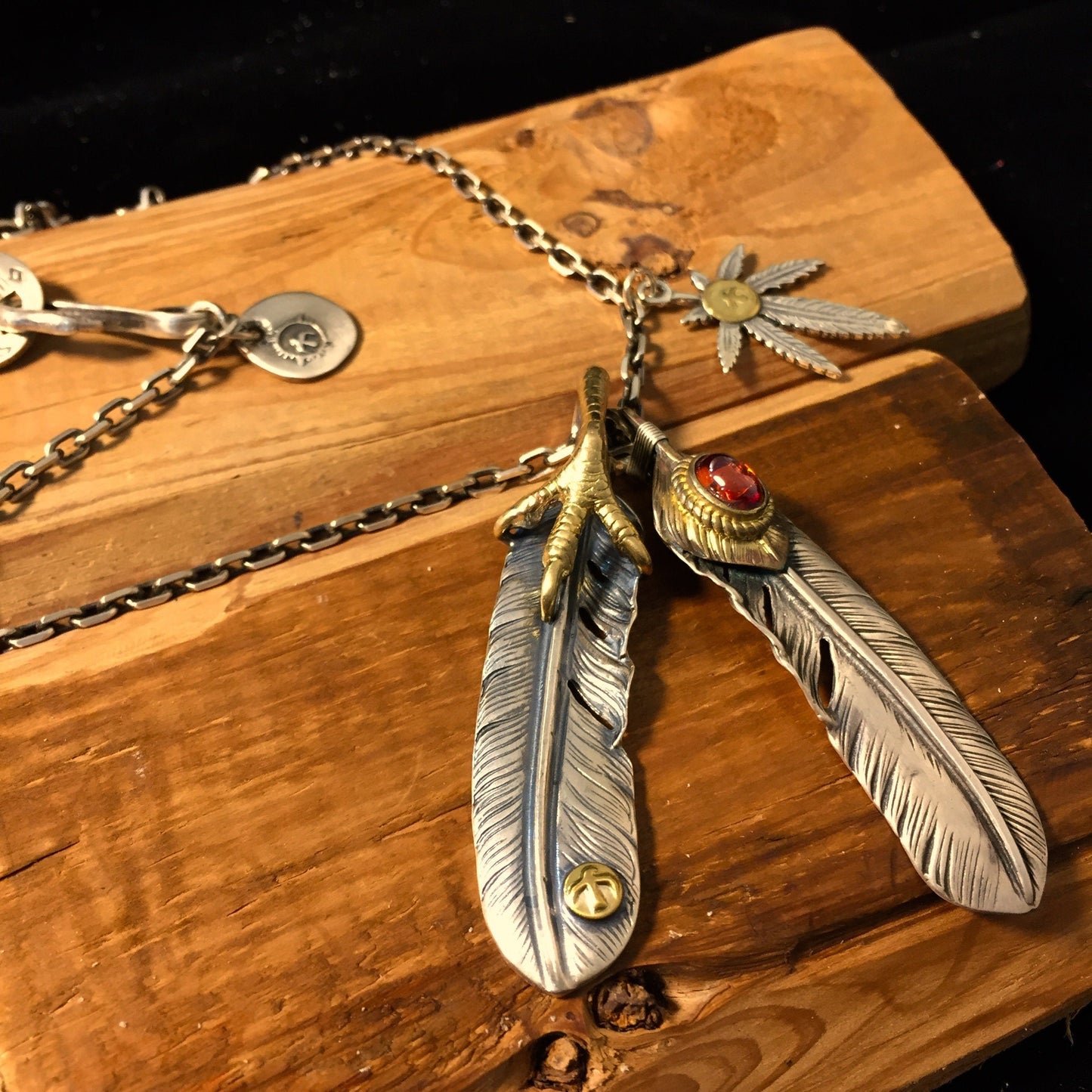 Japan Takahashi Goro Silver Feather Leather Necklace Big Feathers 66x14mm Small Feather 8x50mm Retro Sterling 925 Silver Hip Hop style 65cm