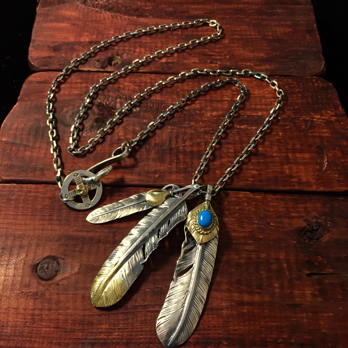 Japan Takahashi Goros Feather Bird Necklace Set Big Feathers 66x14mm Blue Turquoise 5*7mm Retro Sterling 925 Silver Hip Hop style Necklace
