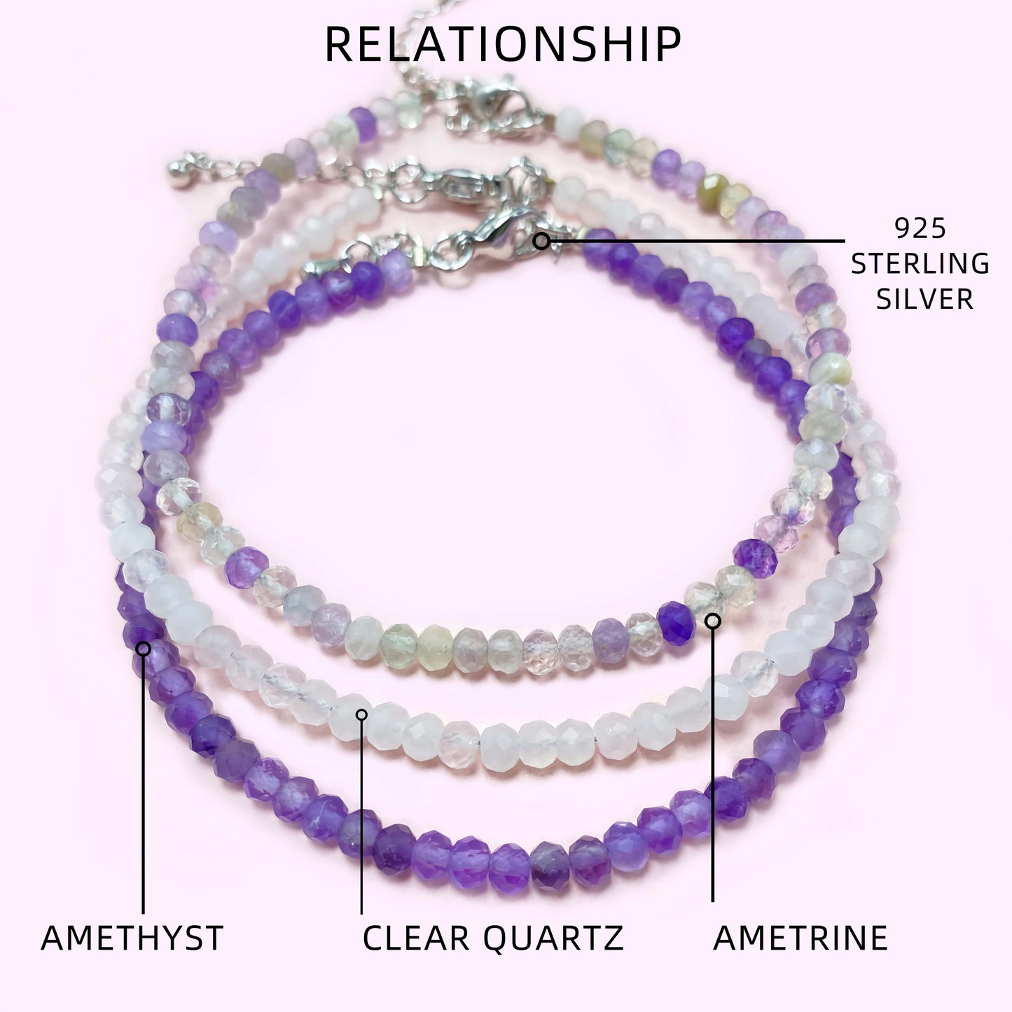 Faceted Triple Amethyst Crystal Bracelet for Love and Relationship