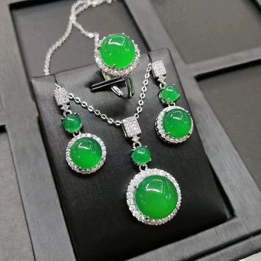 Stunning Jade Diamond Jewelry Set with Necklace, Earrings, Ring and Luxury Gift Box