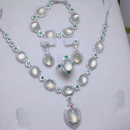 Stunning Jade Diamond Jewelry Set with Necklace, Earrings, Ring and Luxury Gift Box