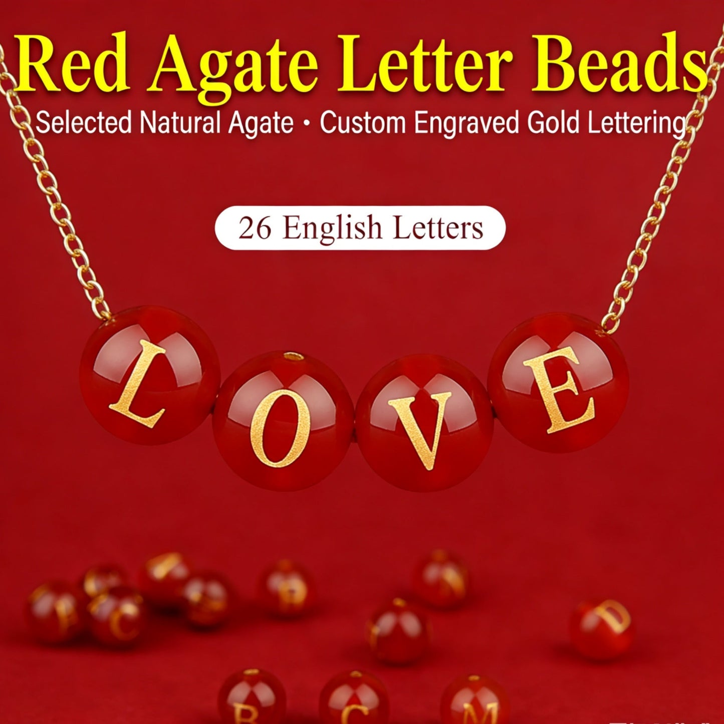 Natural Red Agate Beads - 26 Alphabet Loose Beads for Engraving Customization DIY