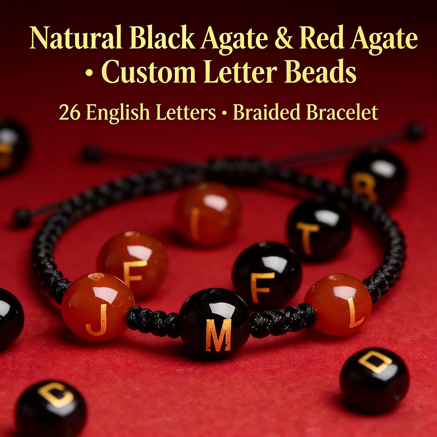 Natural Red Agate Beads - 26 Alphabet Loose Beads for Engraving Customization DIY