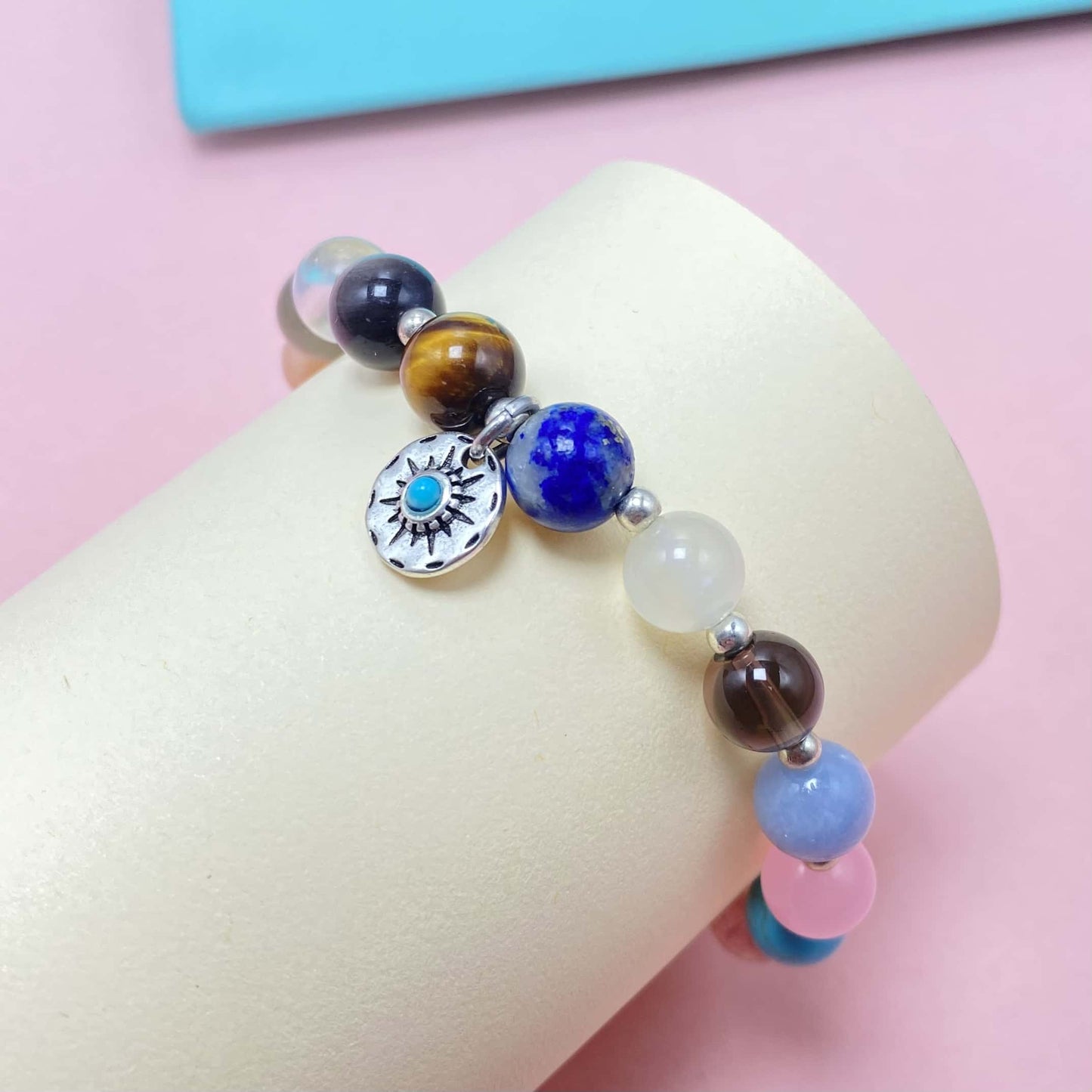 Colorful Seven Chakra Crystal Bracelet with Sun Charm