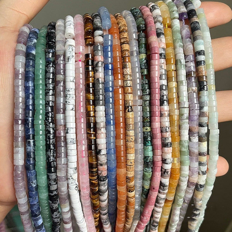 2x4mm Natural Gemstone Heishi Beads Crystal Agate Stone Disc Tyre Shape Beads Strand AAA Quality Gemstone Loose Beads for DIY Jewelry Making