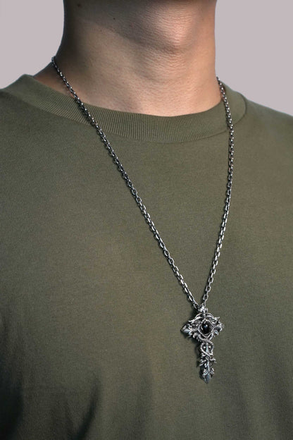 Antique Black Onyx Cross 925 Silver Pendant