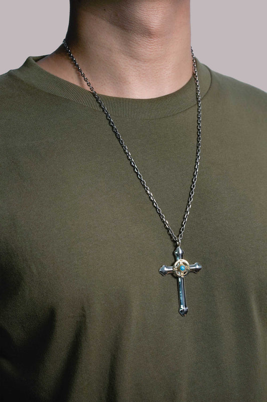 Takahashi Goro Round Turquoise Brass Cross 925 Silver Pendant