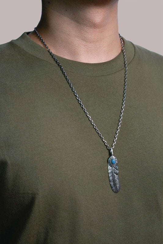 Left Feather Retro 925 Silver Goro Takahashi Pendant with Blue Turquoise