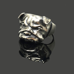 Pit Bull Dog Pug Head Animal Face Ring Retro 925 Sterling Silver