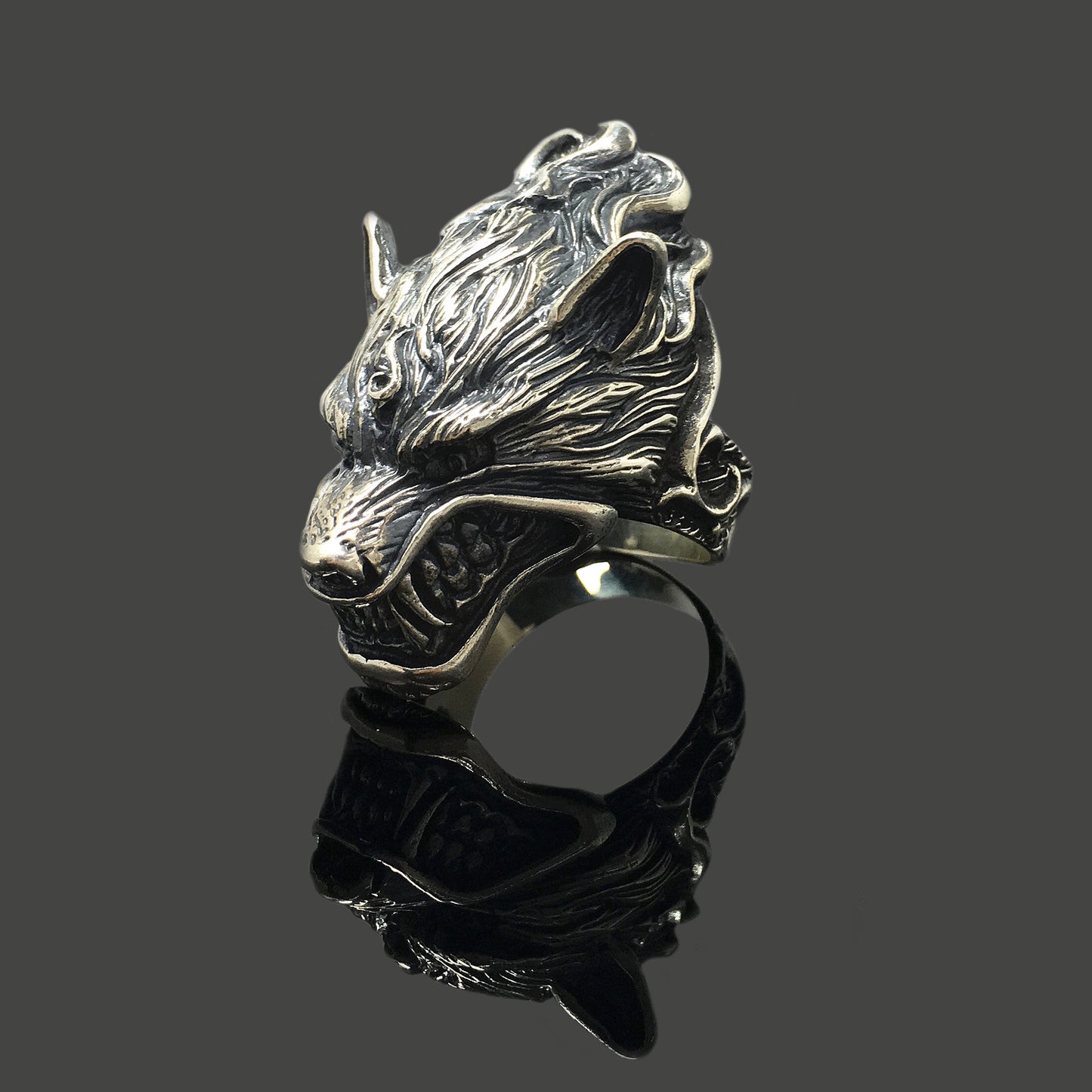 925 Sterling Silver Retro Wolf Head Ring