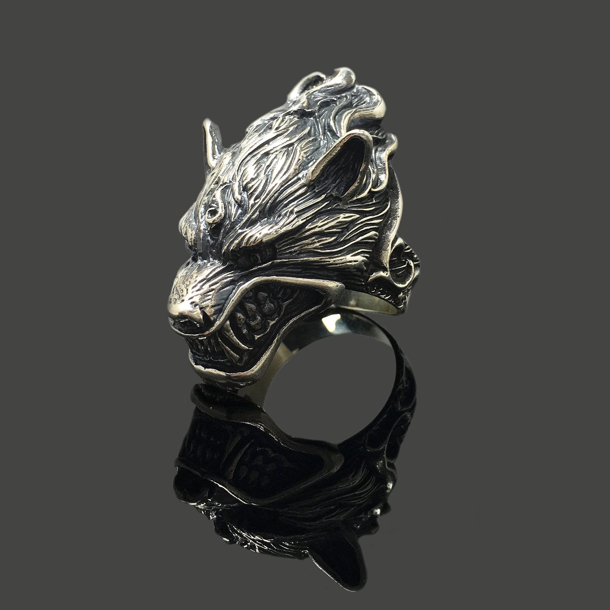925 Sterling Silver Retro Wolf Head Ring