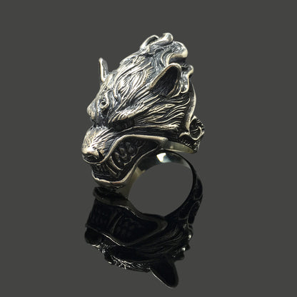 925 Sterling Silver Retro Wolf Head Ring
