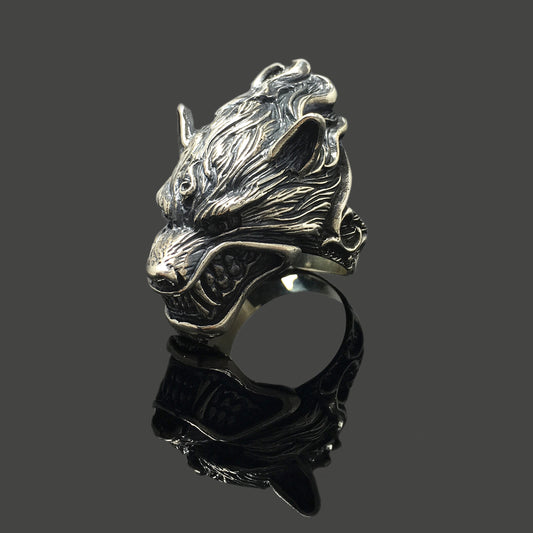 925 Sterling Silver Retro Wolf Head Ring