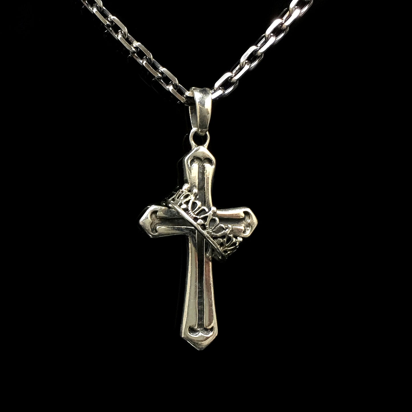 Antique Crown Pattern Cross 925 Silver Pendant