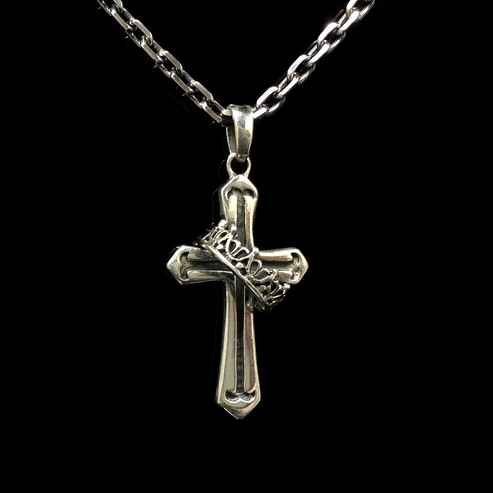 Antique Crown Pattern Cross 925 Silver Pendant