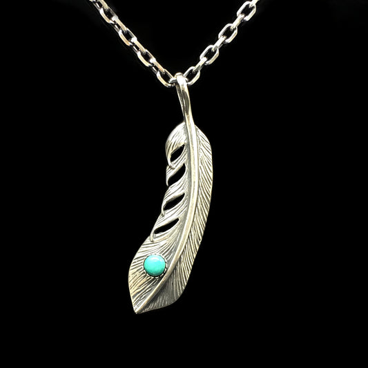 Feather Leaf Retro 925 Silver Goro Takahashi Pendant with Turquoise
