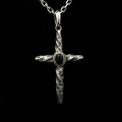 Twisted Cross 925 Silver Pendant with Onyx