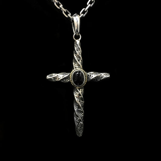 Twisted Cross 925 Silver Pendant with Onyx