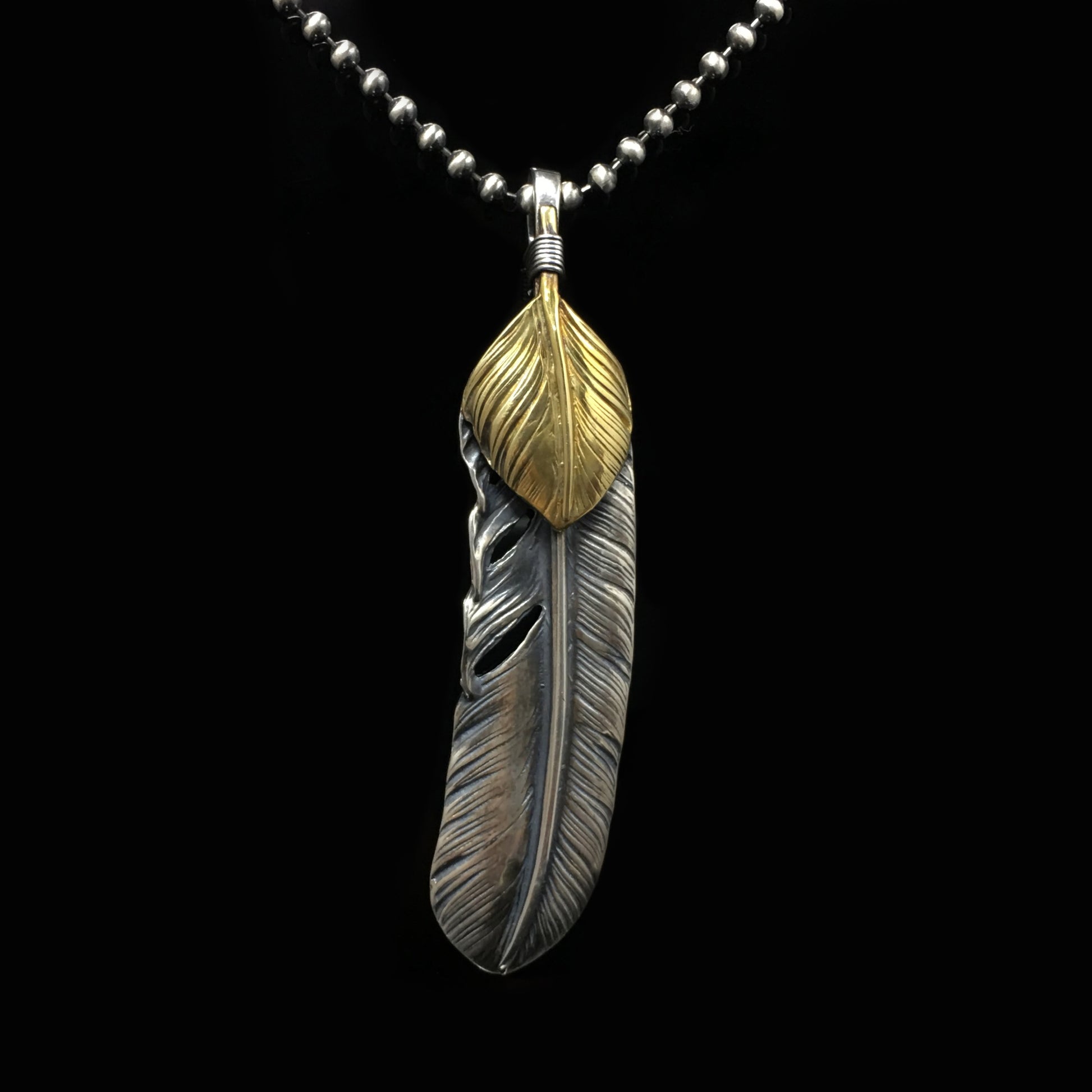 Right Feather Brass Leaf Retro 925 Silver Pendant Japan Takahashi Goro 