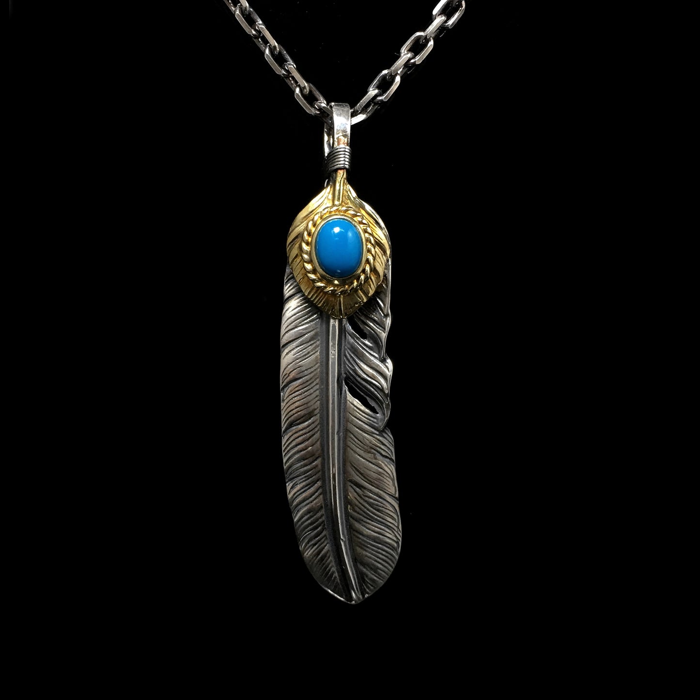 Left Feather Leaf Retro 925 Silver Goro Takahashi Pendant with Blue Turquoise