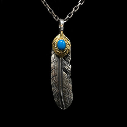 Left Feather Leaf Retro 925 Silver Goro Takahashi Pendant with Blue Turquoise
