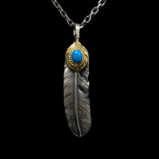 Left Feather Leaf Retro 925 Silver Goro Takahashi Pendant with Blue Turquoise