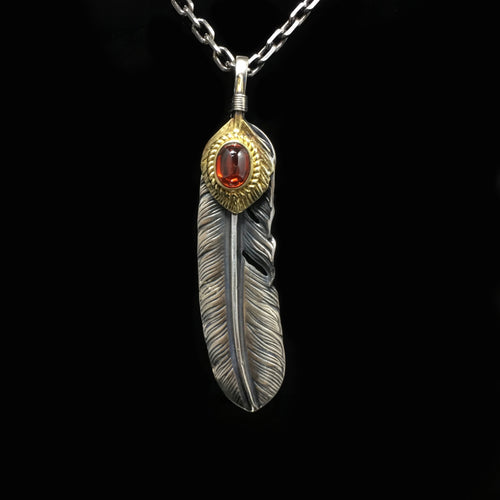 Left Feather Leaf Retro 925 Silver Goro Takahashi Pendant with Brass Red CZ