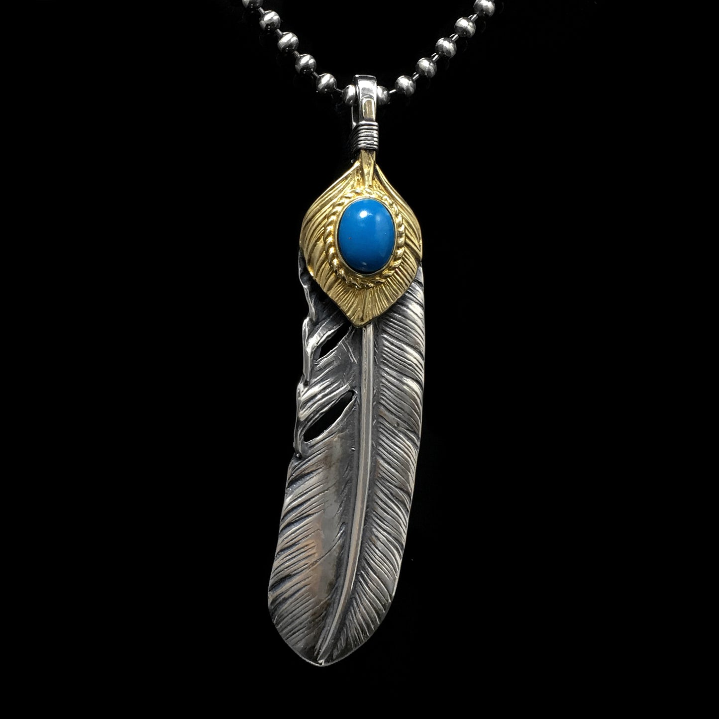 Left Feather Leaf Retro 925 Silver Goro Takahashi Pendant with Brass Turquoise