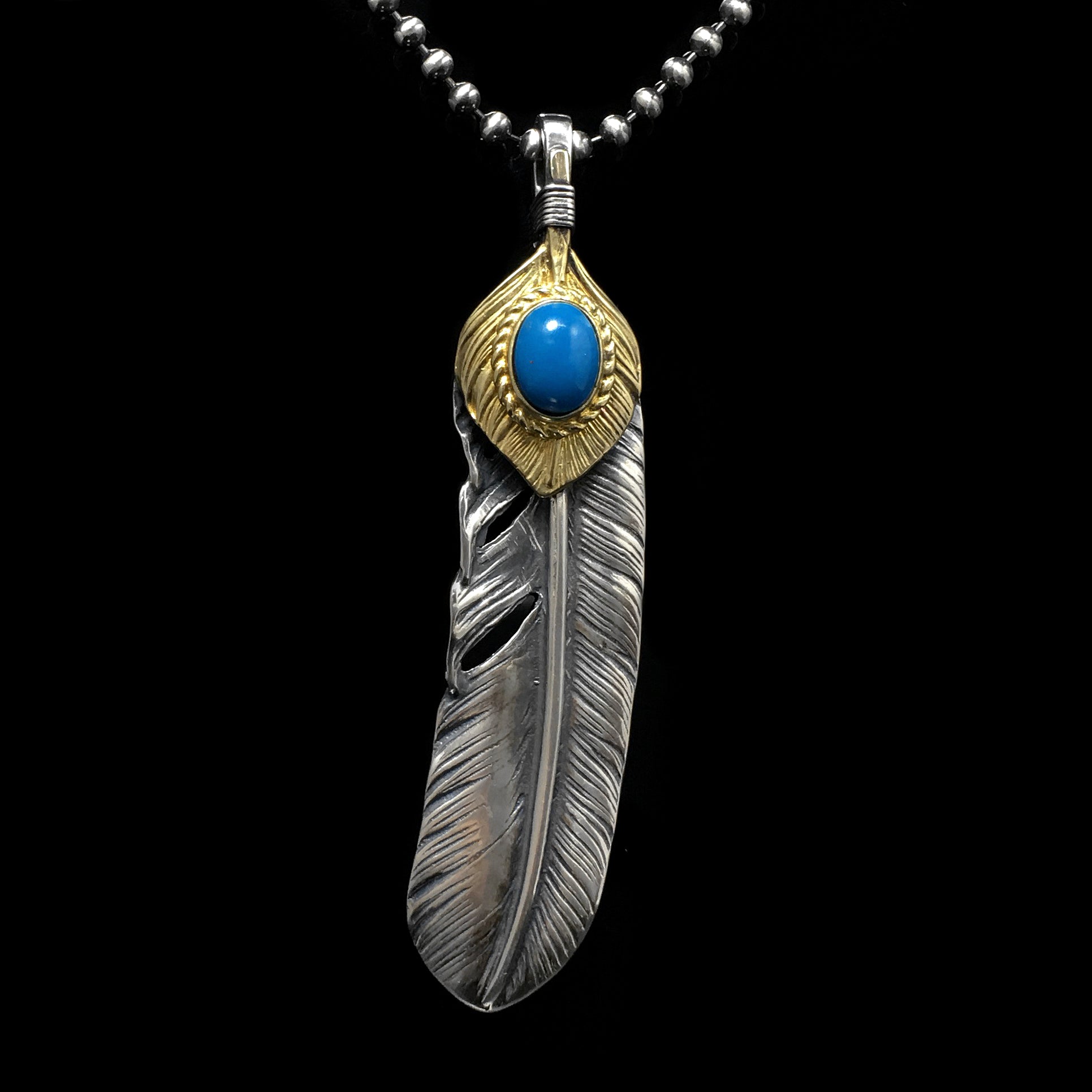 Left Feather Leaf Retro 925 Silver Goro Takahashi Pendant with Brass Turquoise