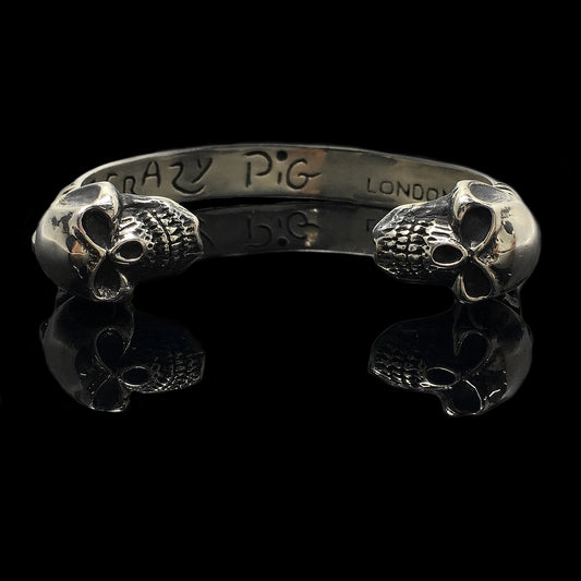Retro Silver Domineering Double Skull Open Bangle