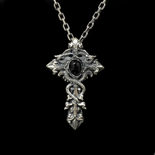 Antique Black Onyx Cross 925 Silver Pendant