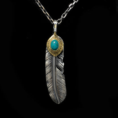 Left Feather Retro 925 Silver Goro Takahashi Pendant with Turquoise